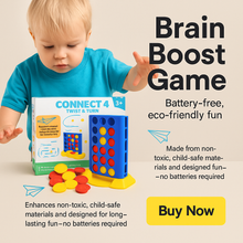 Toddler playing with a colorful Connect 4 Twist & Turn game made from child-safe, battery-free materials