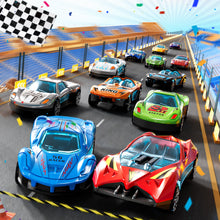 Colorful toy race cars lined up on starting grid of racetrack with checkered flag and confetti overhead