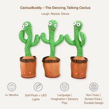 Three green plush cactus toys with smiling faces in brown pots displayed against a beige background
