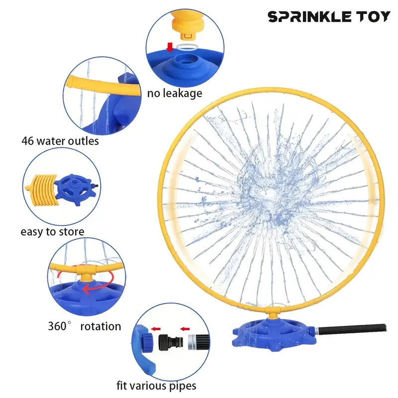 Yellow circular sprinkler toy with 46 water outlets, 360-degree rotation, and fittings for various pipes