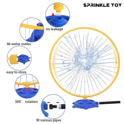Yellow circular sprinkler toy with 46 water outlets, 360-degree rotation, and fittings for various pipes