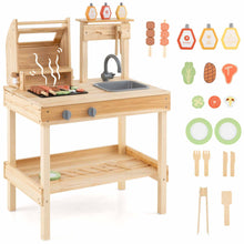 Wooden play kitchen set with sink, stove, grill, cooking utensils, plates, condiments, and toy food pieces