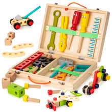 Wooden toy tool kit with screws, bolts, wrench, screwdriver, hammer, and bolt pieces in a carrying case with handle
