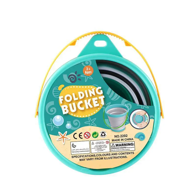 Compact teal and gray collapsible bucket with yellow handle and circular packaging label for ages 3 and up