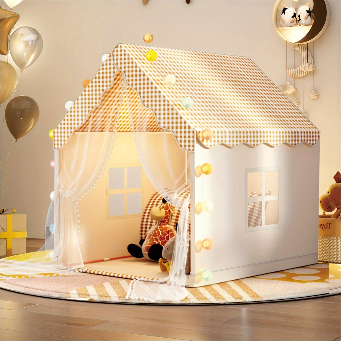Children's fabric playhouse with gingham roof, sheer curtains, string lights, and stuffed animals inside on round rug