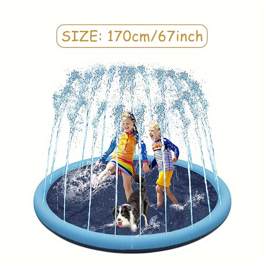 Two children and a dog playing inside a blue inflatable sprinkler pool with water jets arching overhead