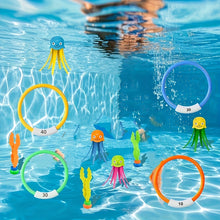 Colorful underwater toy hoops with numbers and floating octopus-shaped figures in a clear blue pool
