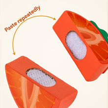 Two orange wooden toy pieces with hook and loop fasteners shown on pale background with curved arrow and text Paste repeatedly