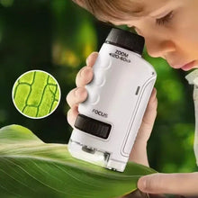 Child using white handheld microscope to examine a green leaf with a magnified view of leaf cells shown nearby