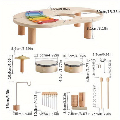 Wooden tabletop music toy set with xylophone, tambourines, cymbals, clappers, and mallets with size measurements