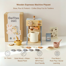 Wooden toy espresso machine playset with accessories including milk carton, cup, spoon, and play coins for pretend coffee shop fun