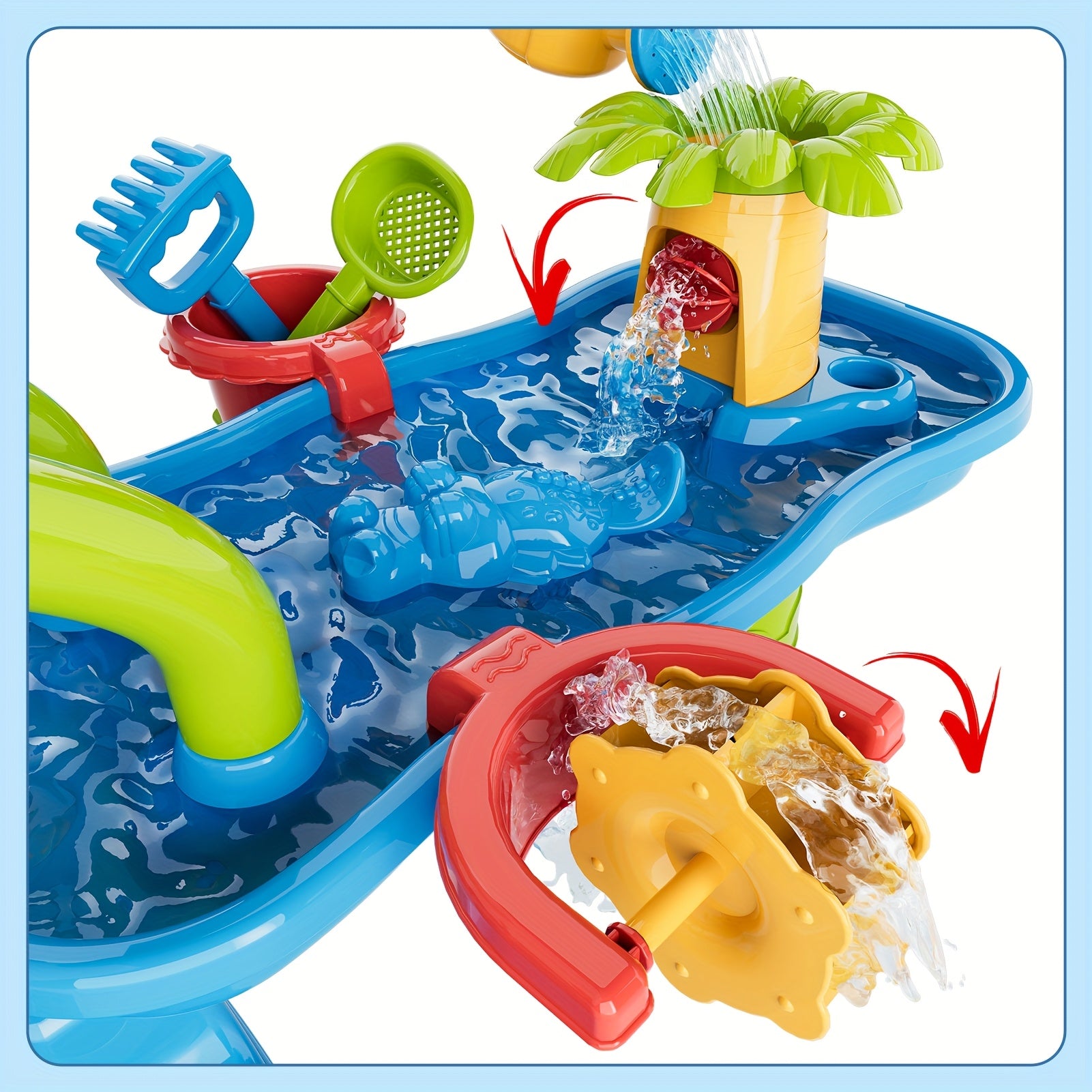 Blue water play table with pouring palm tree, spinning yellow wheel, and water toys including shovel and strainer
