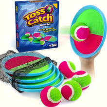 Set of colorful blue, pink, green catch paddles with matching soft tennis balls and black mesh storage bag