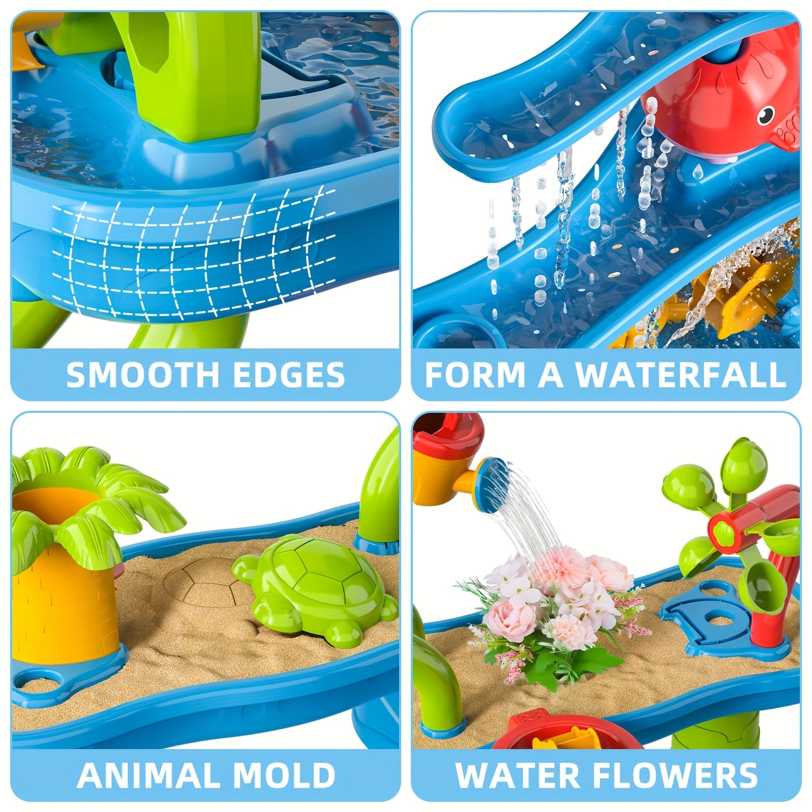 Close-up details of blue and green water play table with turtle mold, water slide, flower watering, and smooth edges features