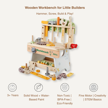 Wooden children's workbench with toy tools, screws, gears, and play accessories for building and creativity