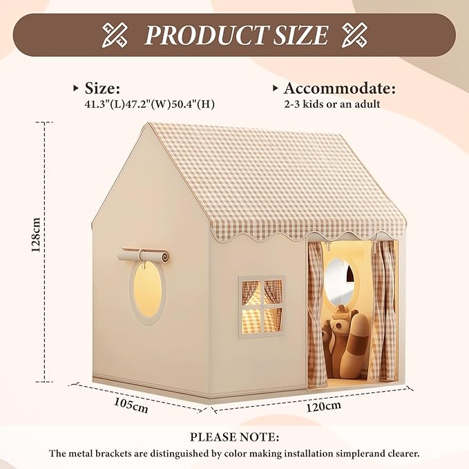 Beige and brown checkered fabric play tent with round window, square window, and open entrance curtain showing stuffed toys inside