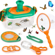 The Toyfetti Little Explorer Bug Catching Set – Nature Discovery Kit for Curious Kids includes a vibrant green and orange bug container, net, magnifying glass, tweezers, plastic jar, rings, and illustrated insects and butterflies.