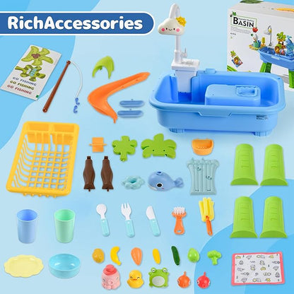Colorful toy fishing game set with plastic pond, fishing rod, sea creatures, kitchen utensils, and accessories for kids' playtime