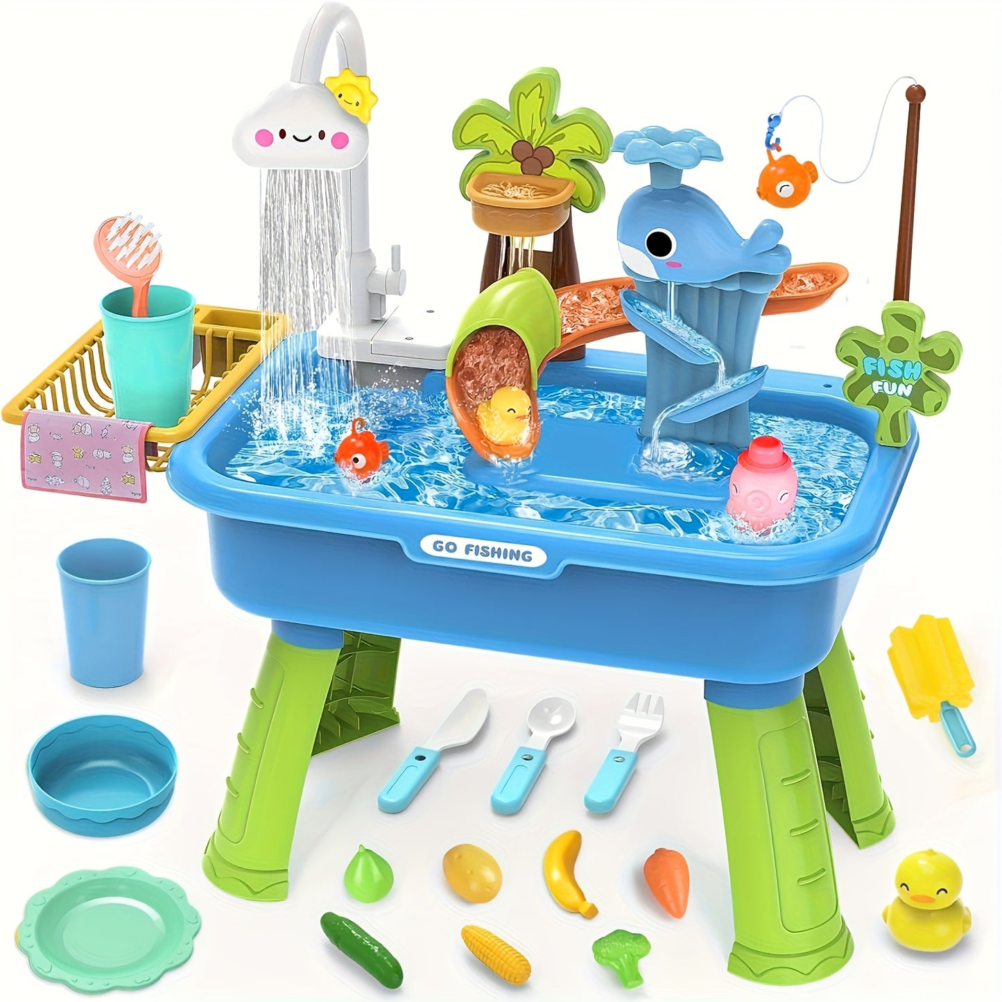 Blue water play table with fishing toys, water slide, faucet, and colorful plastic food and utensils around legs