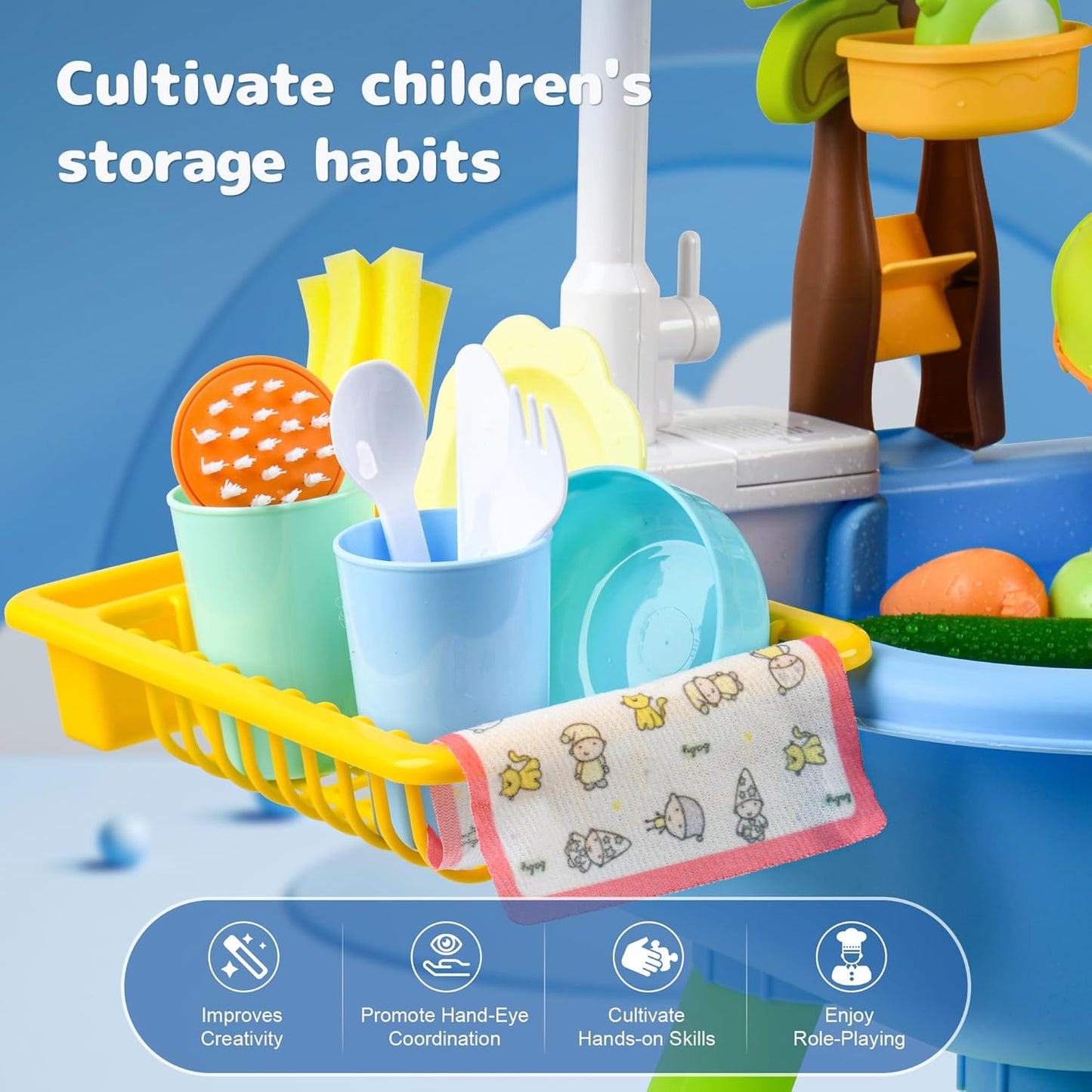 Children's play kitchen set with plastic utensils, plate, cup, toy vegetables, towel, and sink faucet for pretend play