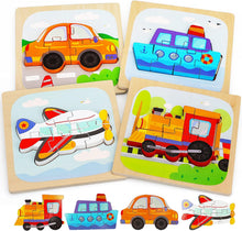 Four colorful wooden vehicle puzzles including car, boat, airplane, and train with matching removable pieces on wooden boards