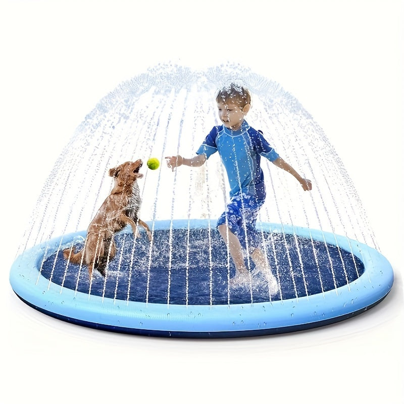 Child in blue swimwear playing with dog inside inflatable splash pad with water spray dome
