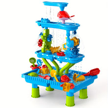 Blue and green multi-level water play table with red, yellow, and orange interactive water wheels and accessories