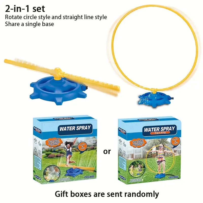 Blue sprinkler base with interchangeable yellow rotating arm and circular ring attachments for outdoor water play