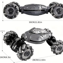 Black and gray remote-controlled stunt car with large omni-directional wheels shown from two angles with dimensions