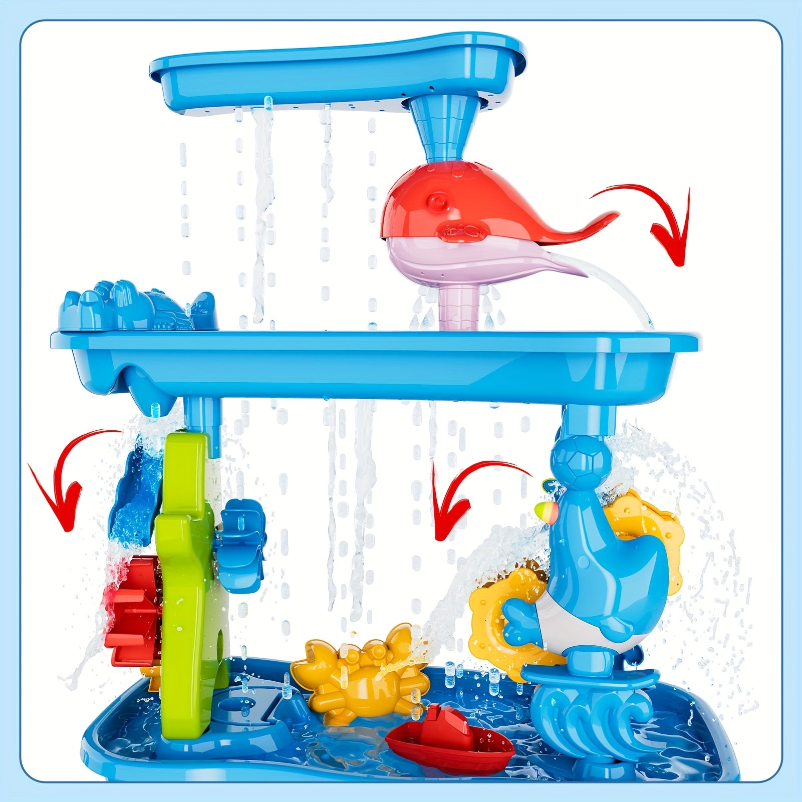 Colorful water playset with red whale pouring water, spinning waterwheel, blue bird figure, and small red boat on blue base