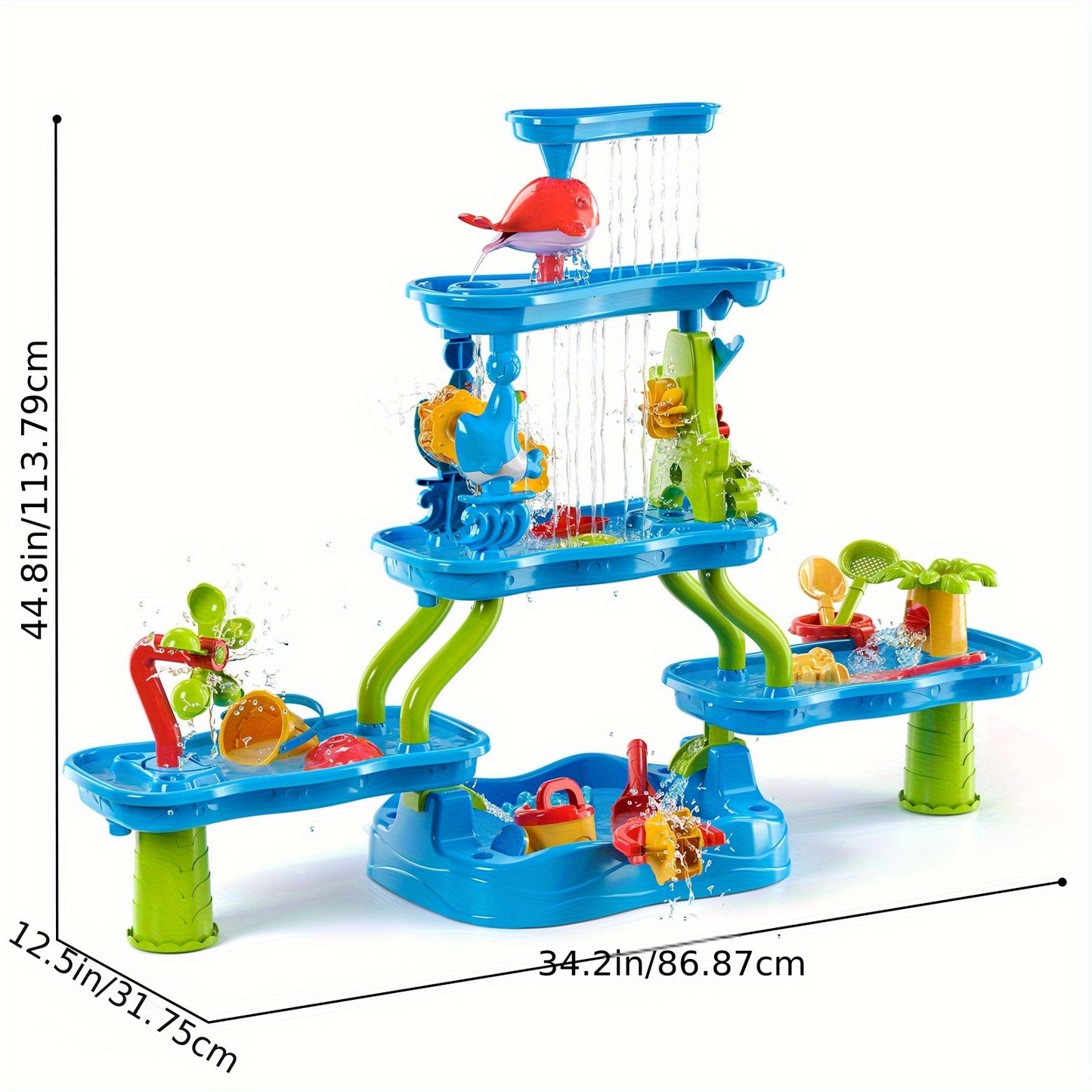 Blue and green multi-level water play table with waterfalls, spinning wheels, and interactive animal figures