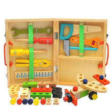 Wooden toy tool set with screwdriver, wrench, saw, hammer, pliers, ruler, and various colorful wooden building pieces in a case