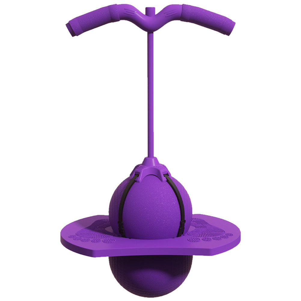 Purple pogo jumper toy with textured grips, circular foot platform, and spherical spring base for bouncing play