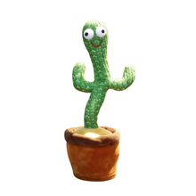 Plush green cactus toy with two arms, googly eyes, and a smiling face in a soft brown pot