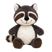 Plush raccoon toy with soft gray fur, white belly, striped tail, and smiling embroidered face sitting upright