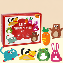 DIY animal sewing kit with felt kangaroo, carrot, bear, mouse, dog, frog, and rabbit craft pieces on beige background