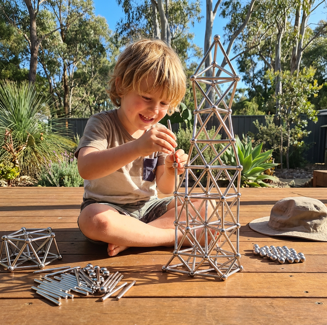 Young child sitting outdoors building a tall tower with silver magnetic rods and balls on wooden deck