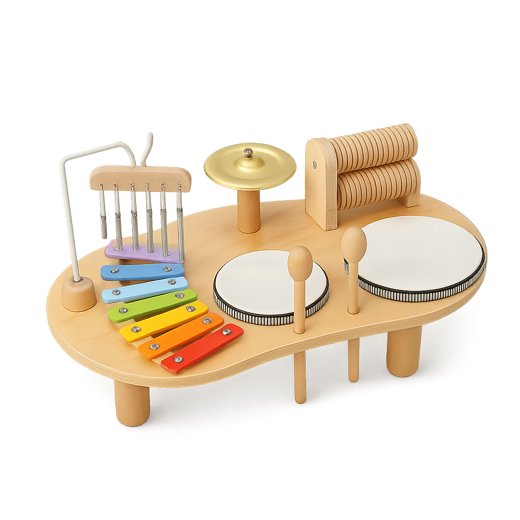 Wooden music playset with colorful xylophone, small cymbal, two drums with mallets, and roller drum toy on natural wood base