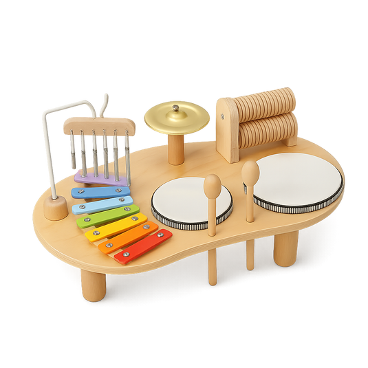 Montessori music table with wooden baby drum and instruments from Toyfetti, promoting sensory play for young children.