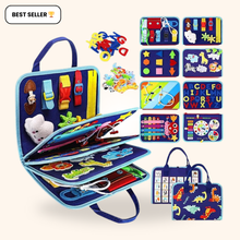 Blue fabric busy board activity book with buckle, clock, shapes, alphabet, animal puzzles, and dinosaur print carry case