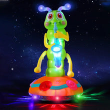 Glowing green caterpillar toy playing a light-up saxophone atop a colorful base with multicolor LED lights