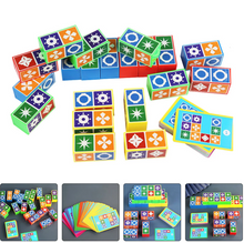 Colorful rectangular blocks featuring various geometric shapes and symbols arranged on white background with pattern cards nearby