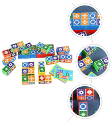 Colorful wooden blocks with various geometric patterns arranged on a white surface with close-up views of block faces