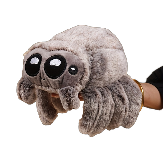 Soft and cuddly gray spider plush toy with oversized eyes, designed for gentle snuggles and playful comfort