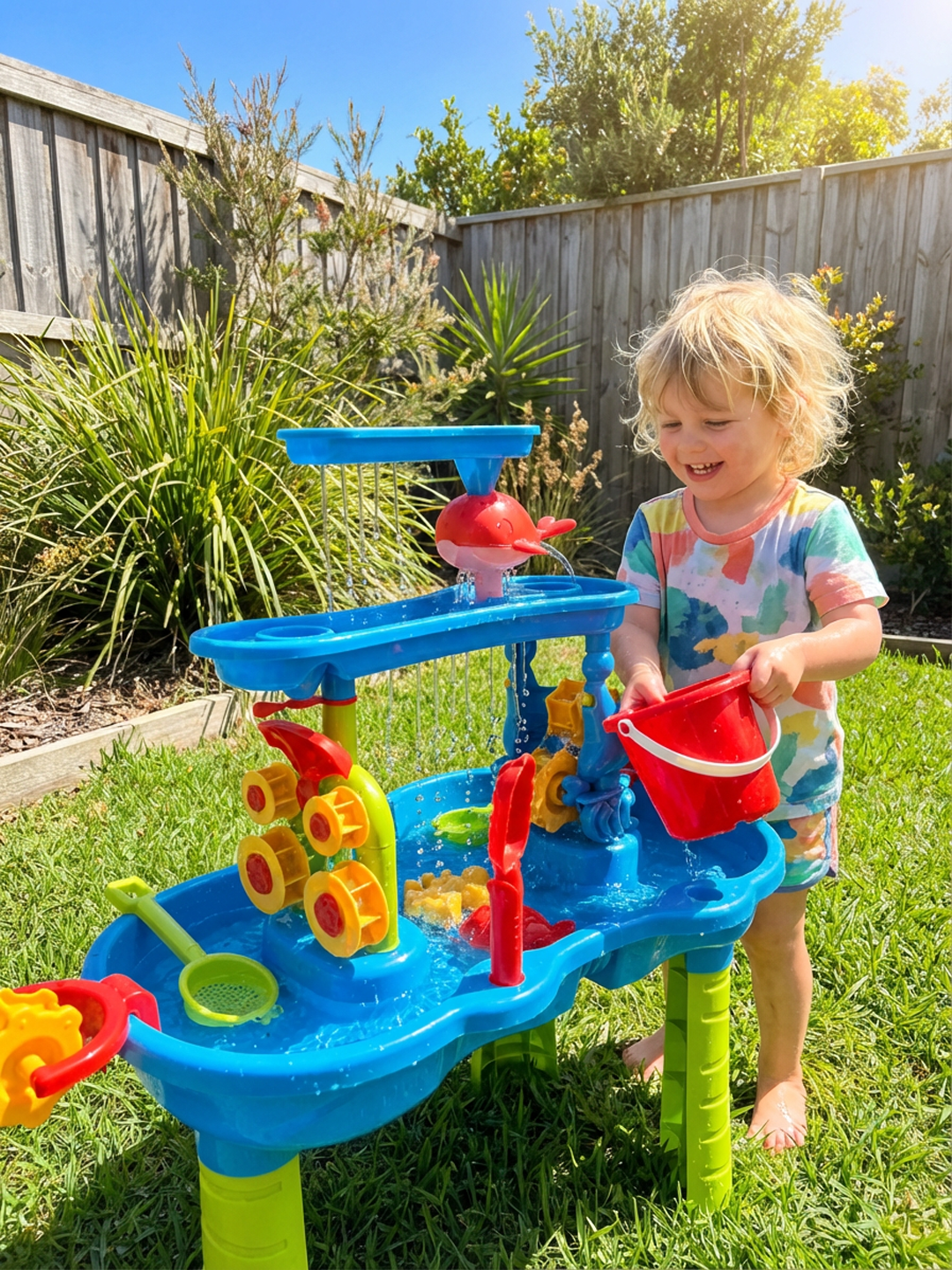 Toddler in colorful tie-dye shirt playing with blue water activity table and red bucket on grassy backyard lawn