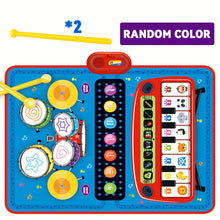 Colorful children's musical playset with drums, keyboard featuring animal keys, buttons, and yellow drumsticks