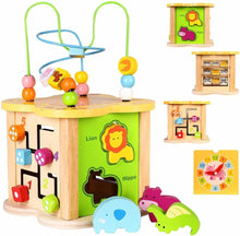 Multifunctional wooden activity cube with animal figures, bead maze, sliding number blocks, and colorful clock pieces