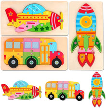 Colorful wooden puzzle set featuring an airplane, school bus, and rocket with numbered pieces on white background