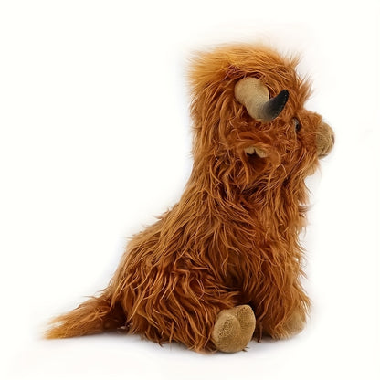 Brown plush toy resembling a furry animal with curved horns and soft fabric paws sitting on white background