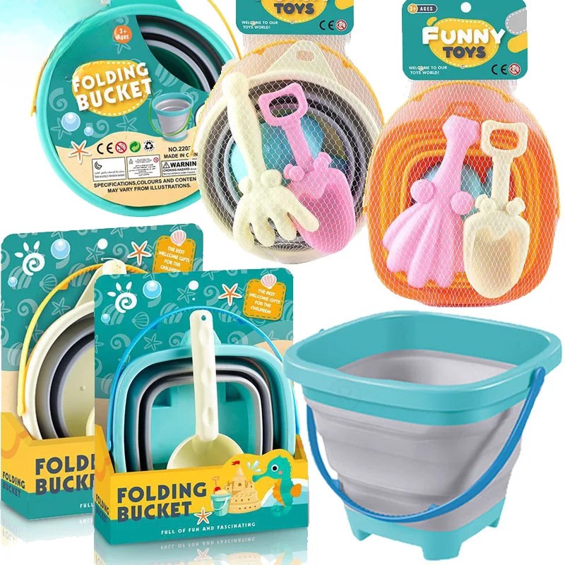 Collapsible silicone bucket in teal and gray with a blue handle next to pink and white toy gardening tools in mesh bags